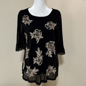 Style‎ & Co Women's Top Size S Black Mesh Lined 3/4 Sleeve Round Neck Floral